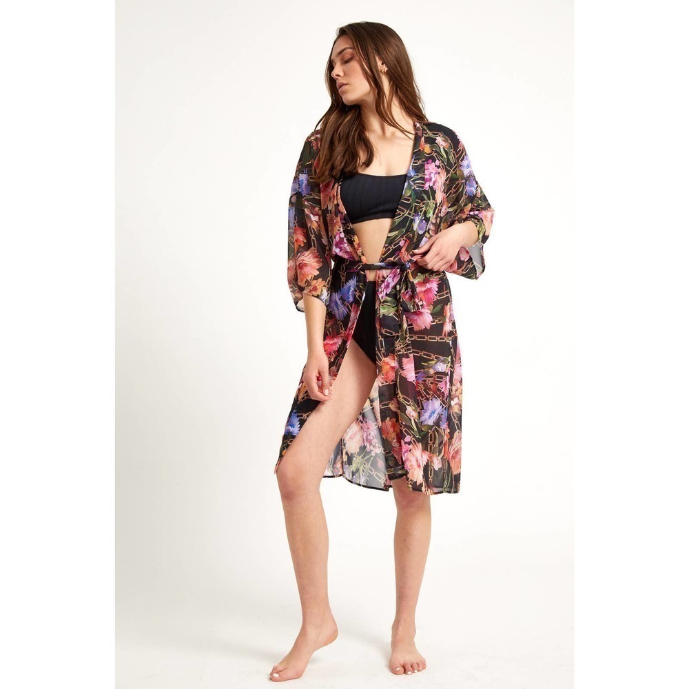 Gottex Open Front 3/4 Sleeve Flora Row Kimono Beachwear Multicolor Size L NWT